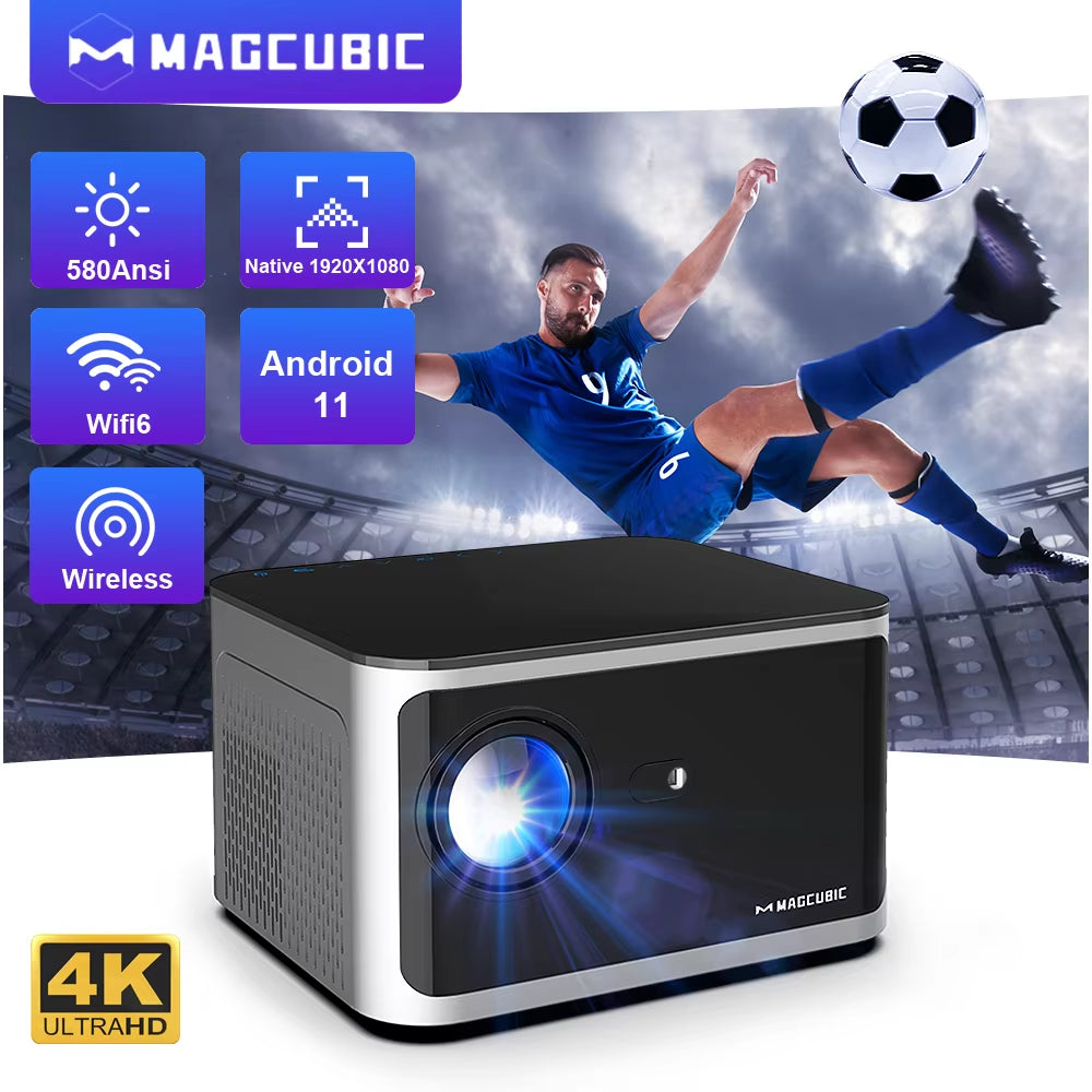 4K Smart Projector with Android 11, 580 ANSI Lumens, 1920x1080P Full HD, WiFi 6, Bluetooth 5.0, Allwinner H713, Voice Control for Home Theater