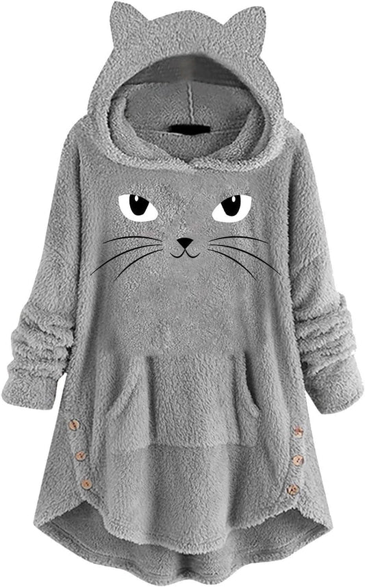 Cute Hoodies for Teens Girls Full Zip Up,Pockets Womens Fleece Hoodie with Bunny Ears Solid Jacket Fuzzy Long Sleeve Coat Hooded Sweatshirt Rabbit Kawaii Aesthetic Fairy Core Pure Plain Brown