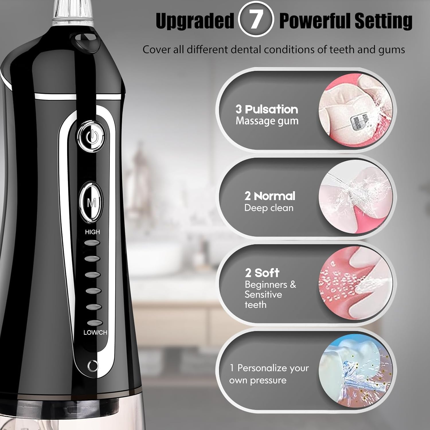 Cordless Water Flosser for Teeth Rechargeable -  7 Clean Settings Oral Irrigator Dental Flosser for Braces Adults Teeth Cleaning Portable with Long Battery Life, Waterproof(Black)