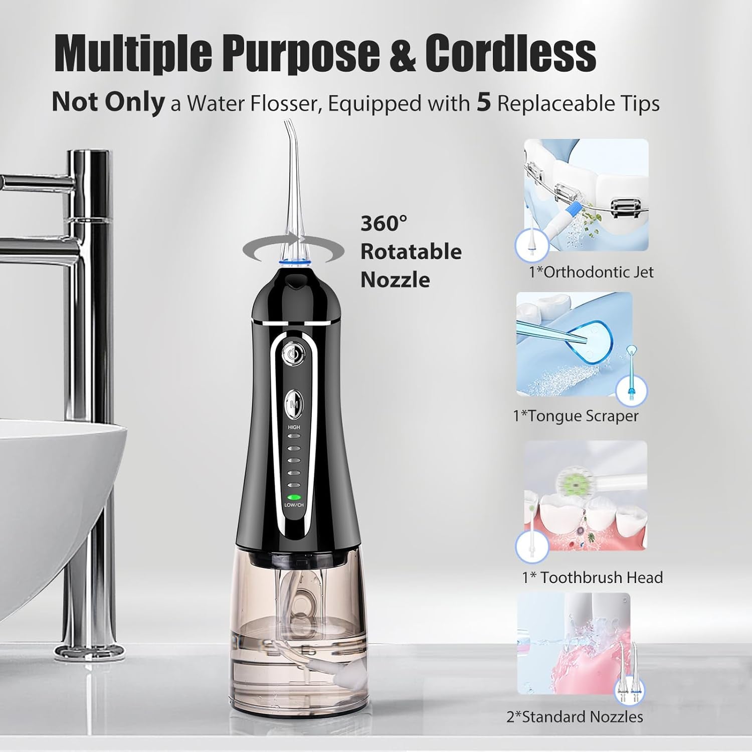 Cordless Water Flosser for Teeth Rechargeable -  7 Clean Settings Oral Irrigator Dental Flosser for Braces Adults Teeth Cleaning Portable with Long Battery Life, Waterproof(Black)