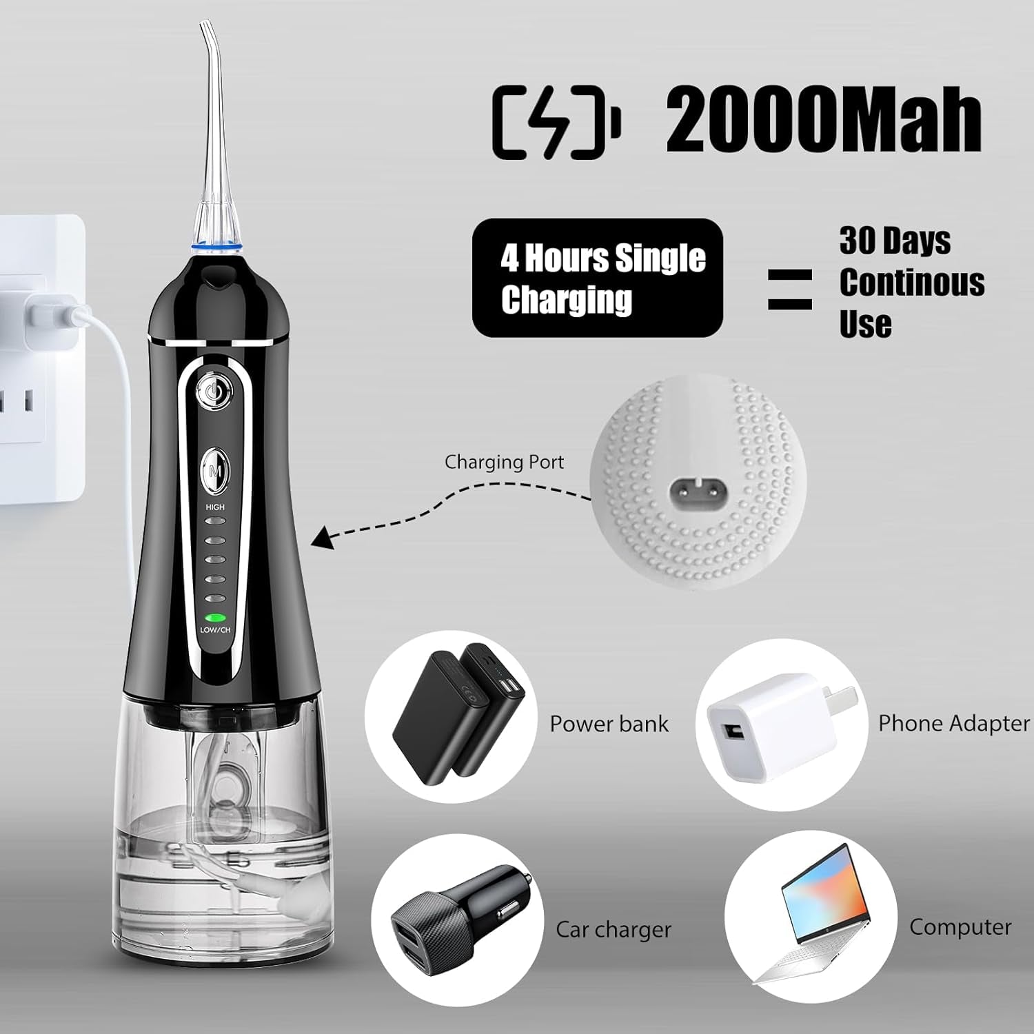 Cordless Water Flosser for Teeth Rechargeable -  7 Clean Settings Oral Irrigator Dental Flosser for Braces Adults Teeth Cleaning Portable with Long Battery Life, Waterproof(Black)
