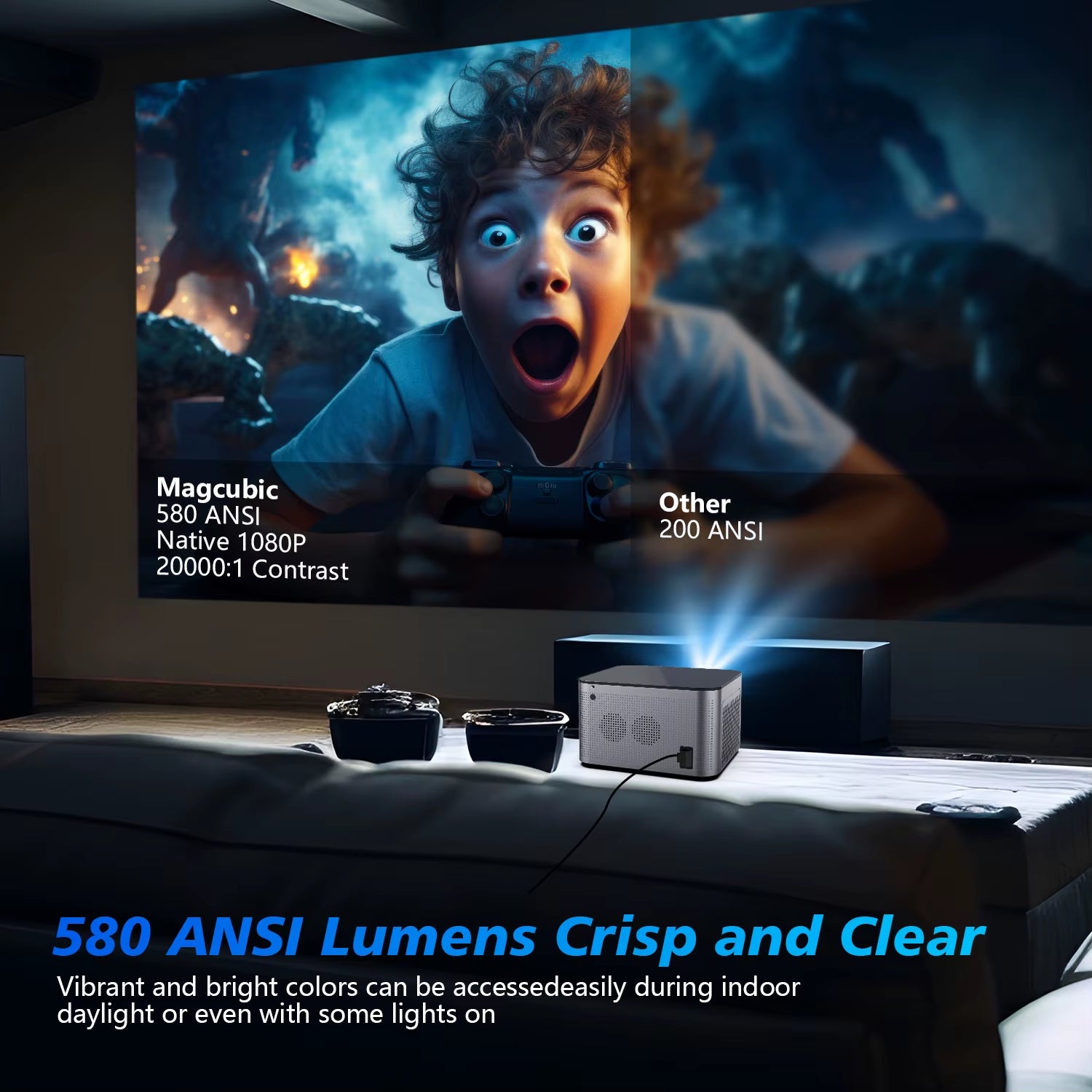4K Smart Projector with Android 11, 580 ANSI Lumens, 1920x1080P Full HD, WiFi 6, Bluetooth 5.0, Allwinner H713, Voice Control for Home Theater