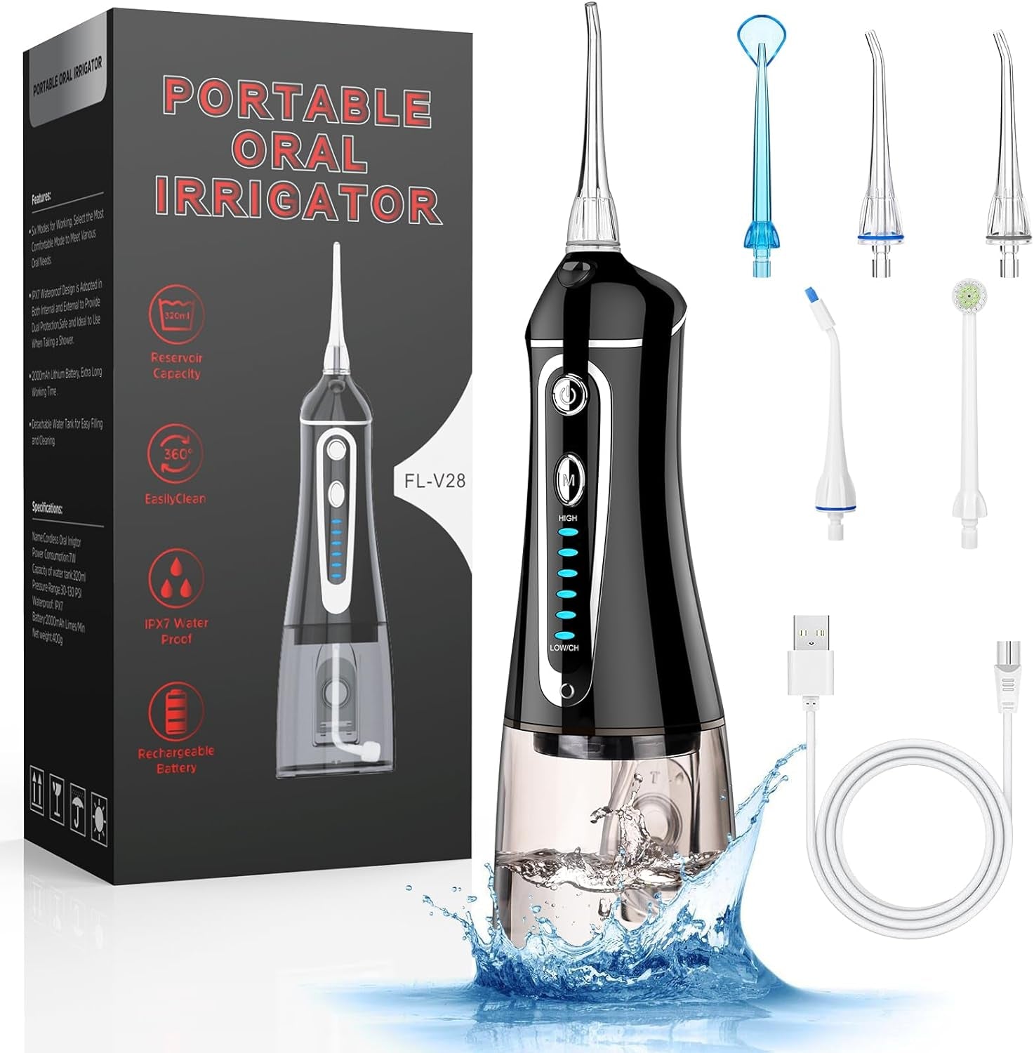 Cordless Water Flosser for Teeth Rechargeable -  7 Clean Settings Oral Irrigator Dental Flosser for Braces Adults Teeth Cleaning Portable with Long Battery Life, Waterproof(Black)